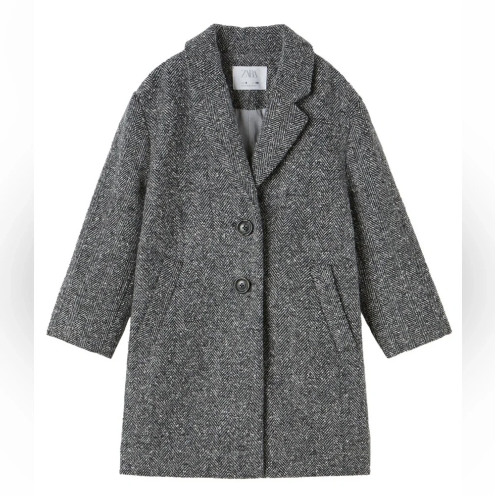 Zara Gray Herringbone Wool Blend Girls Long Coat with pockets size 13-14 164cm